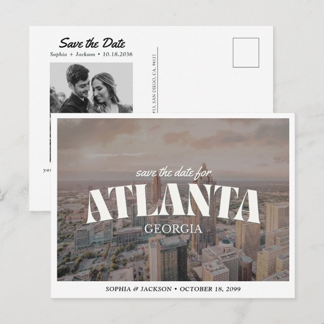 Cartão Postal Atlanta Wedding Save the Date Downtown Retro (Frente/Verso)