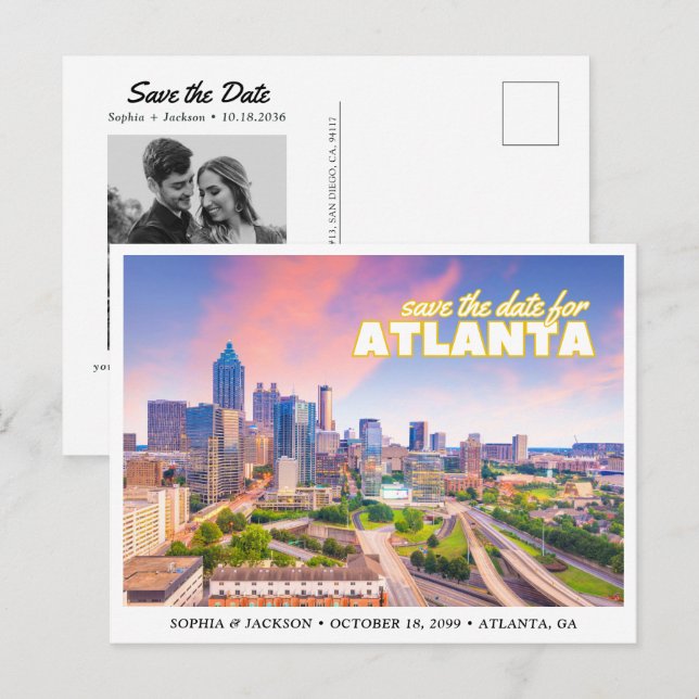 Cartão Postal Atlanta Wedding Save the Date Skyline Postcard (Frente/Verso)