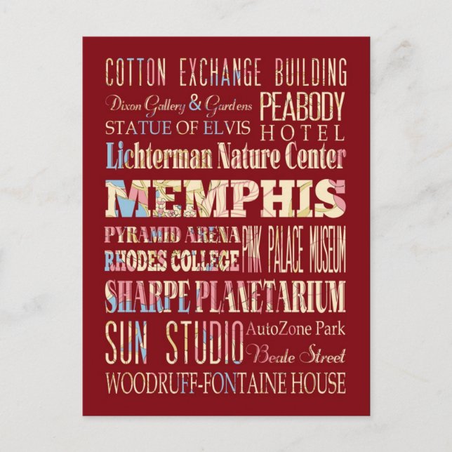 Cartão Postal Atrações e locais famosos de Memphis, Tennessee. (Frente)