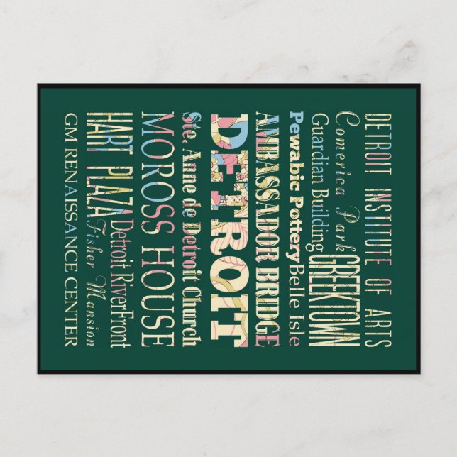 Cartão Postal Atrações e Lugares Famosos de Detroit, Michigan. (Frente)