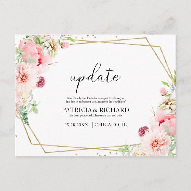 Cartão Postal Atualizar Casamento Floral De Blush Alterar A Data (Frente)