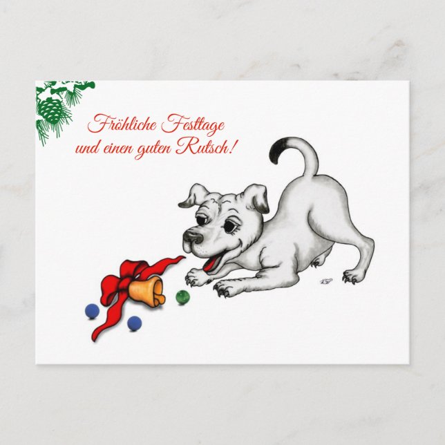 Cartão Postal auf Deutsch Weihnachten mit Welpe Glocke und Ball (Frente)
