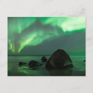 Cartão Postal Aurora Boreal   Praia Lofoten Noruega