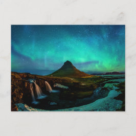 Cartão Postal Aurora Borealis Na Montanha Kirkjufall Islândia