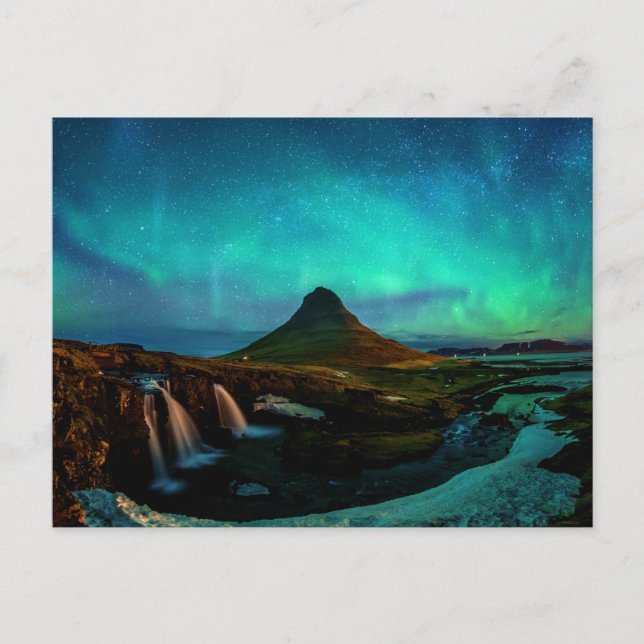 Cartão Postal Aurora Borealis Na Montanha Kirkjufall Islândia (Frente)