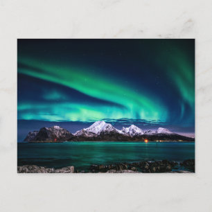 Cartão Postal Aurora Sky Lights Snow Mountain Lake