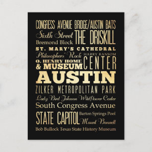 Cartão Postal Austin City of Texas State Typoographic Art