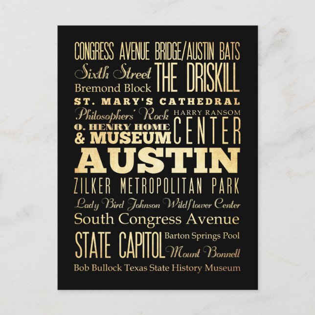 Cartão Postal Austin City of Texas State Typoographic Art (Frente)