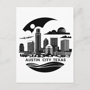 Cartão Postal Austin City Texas Skyline Retro Black & White Art