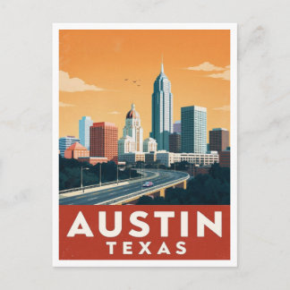 Cartão Postal Austin Texas Skyline Vintage Travel Art