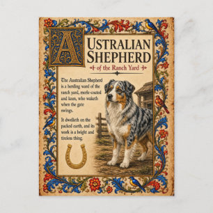 Cartão Postal Australian Shepherd, Arte de Bestiário Medieval