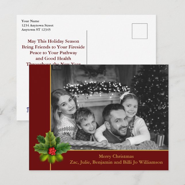 Cartão Postal Auto Black and White Photo Holly Red Christmas (Frente/Verso)