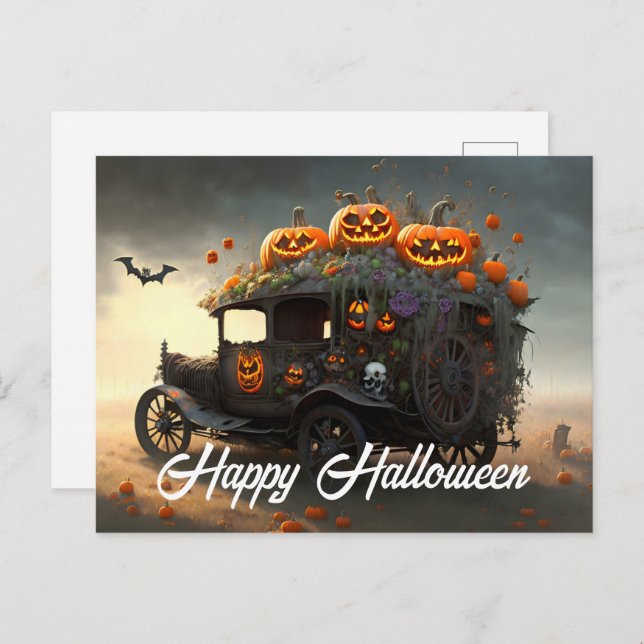 Cartão Postal Automóvel Antigo e Abóboras de Halloween  (Frente/Verso)