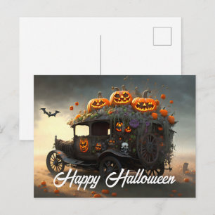 Cartão Postal Automóvel Antigo e Abóboras de Halloween 