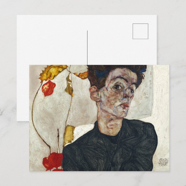 Cartão Postal Autorretrato com Physalis | Egon Schiele | (Frente/Verso)
