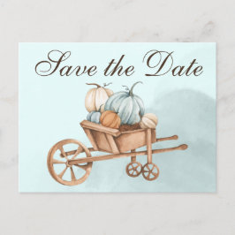 Cartão Postal Autumn Blue Pumpkin Wheelbarrow Salvar a Data