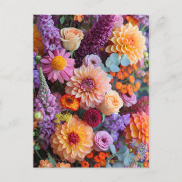 Cartão Postal Autumn Bouquet with Dahlias, Freesias, and Gerbera