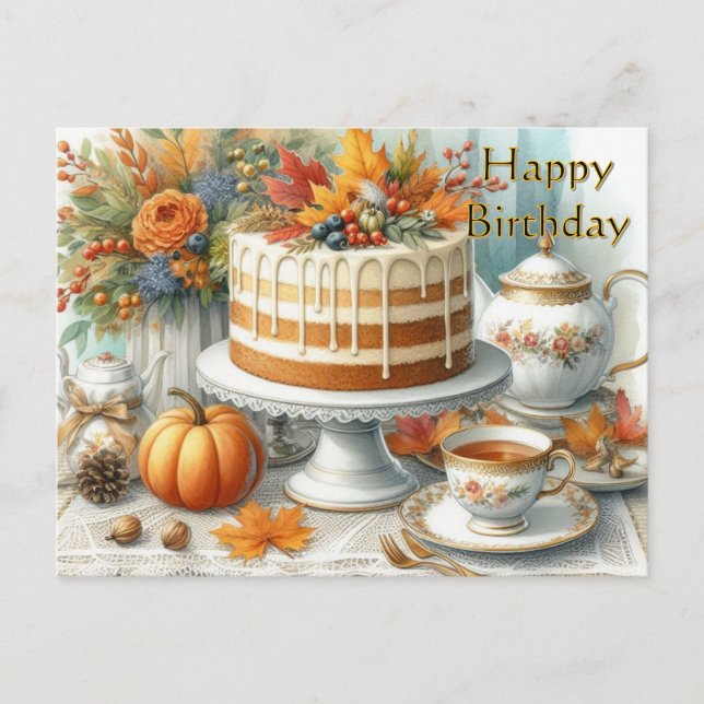 Cartão Postal Autumn Cake and Tea Happy Birday (Frente)