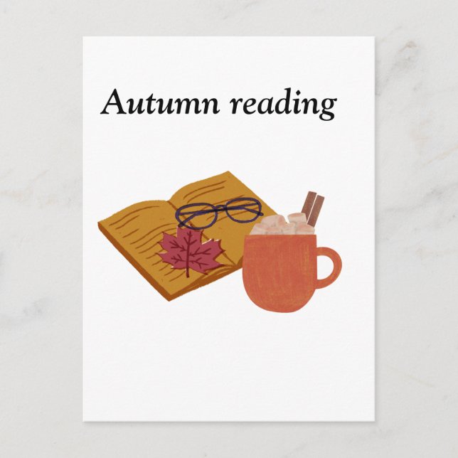Cartão Postal Autumn Cozy Vibes - Cacau quente, Livro e Folhas d (Frente)
