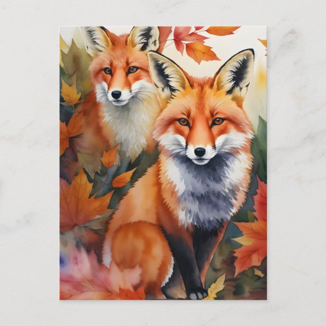 Cartão Postal Autumn Foxes Watercolor (Frente)