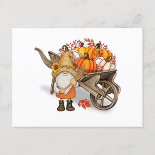 Cartão Postal Autumn Gnomo e Country Pumpkin Harvest Wagon