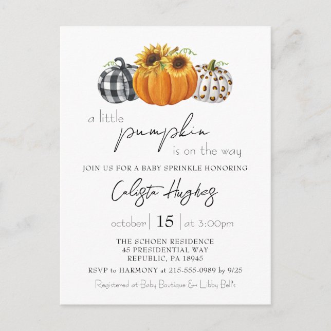 Cartão Postal Autumn Little Pumpkin Sunflower Baby Sprinkle (Frente)