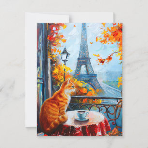 Cartão Postal Autumn Parisiense   Ginger Cat em um café
