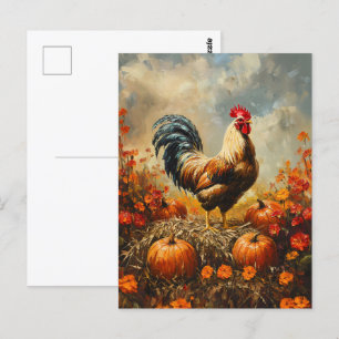 Cartão Postal Autumn Rooster com Pumpkins