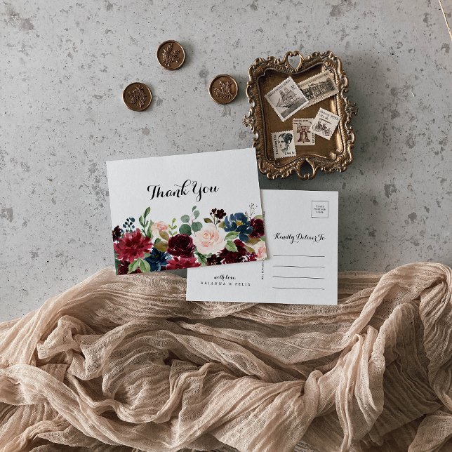 Cartão Postal Autumn Rustic Burgundy Calliografia Obrigado (Criador carregado)