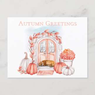 Cartão Postal Autumn Saudações Cat na Porta Cozy Fall Season
