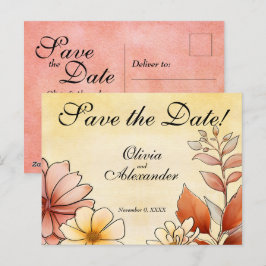 Cartão Postal Autumn Watercolor Floral Terracotta Salvar a Data