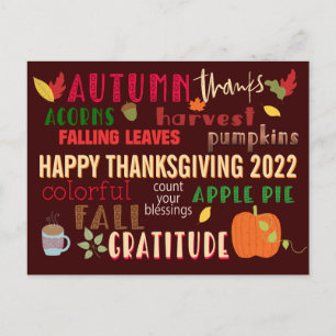 Cartão Postal Autumn WordArt Feliz Ação de Graças 2022 Brown