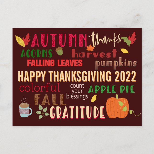 Cartão Postal Autumn WordArt Feliz Ação de Graças 2022 Brown (Frente)