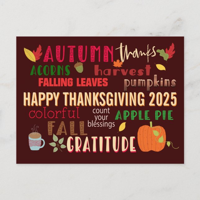 Cartão Postal Autumn WordArt Feliz Ação de Graças 2024 Brown (Frente)