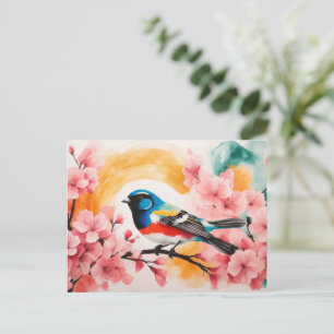 Cartão Postal Ave De Aquarela Em Blossomas De Cereja Em Springti