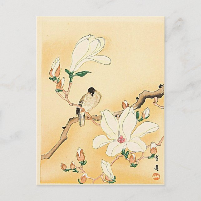 Cartão Postal Ave na Magnolia Tree Japonês Woodblock Impressão (Frente)
