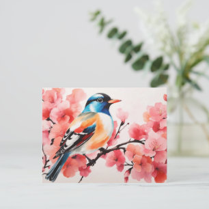 Cartão Postal Ave Vibrante De Aquarela Na Floresta De Blossomas 