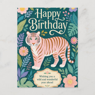 Cartão Postal Aventura de Aniversário do Tigre Rosa Selvagem