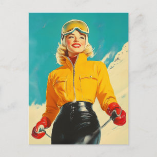 Cartão Postal Aventura de inverno com Vintage Glamor de Esqui Re