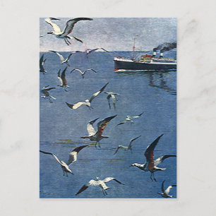 Cartão Postal Aves Animais Antigos, Gaivotas e Barcos de Pesca