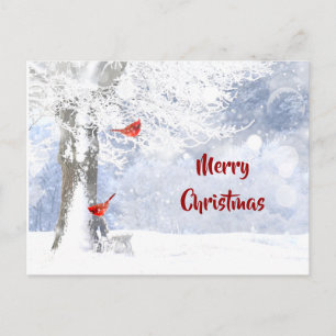 Cartão Postal Aves Cardinais Vermelhas Árvores de Neve de Natal