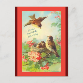 Cartão Postal Aves de Arte Vintage e Flores, Olá, Bons Desejos