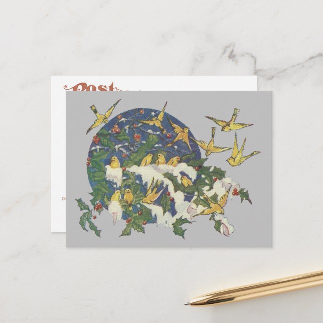 Cartão Postal Aves de neve, Holly e Neve - Natal (Frente/Verso In Situ)