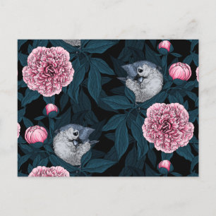 Cartão Postal Aves e flores cor-de-rosa com folhas