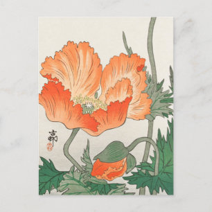 Cartão Postal Aves e Plantas Flores Laranja por Ohara Koson