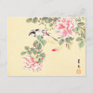 Cartão Postal Aves e Rosas Imao Keinen Ukiyo-e flores Japão