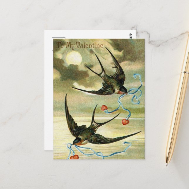 Cartão Postal aves Namorados de vinheta (Frente/Verso In Situ)