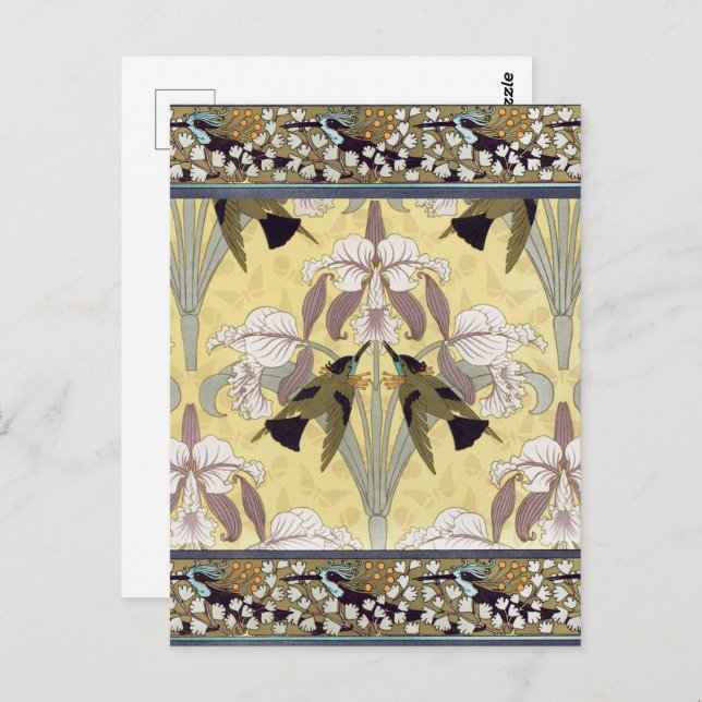 Cartão Postal Aves,Orquídeas,Cabras-de-Cabra,Arte Nouveau (Frente/Verso)