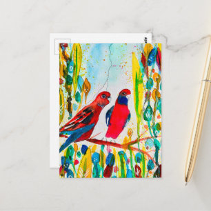 Cartão Postal Aves rosella na arte aquática das árvores