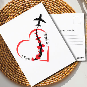 Cartão Postal Avião & Corações Eu amo Meu Piloto Romântico Simpl